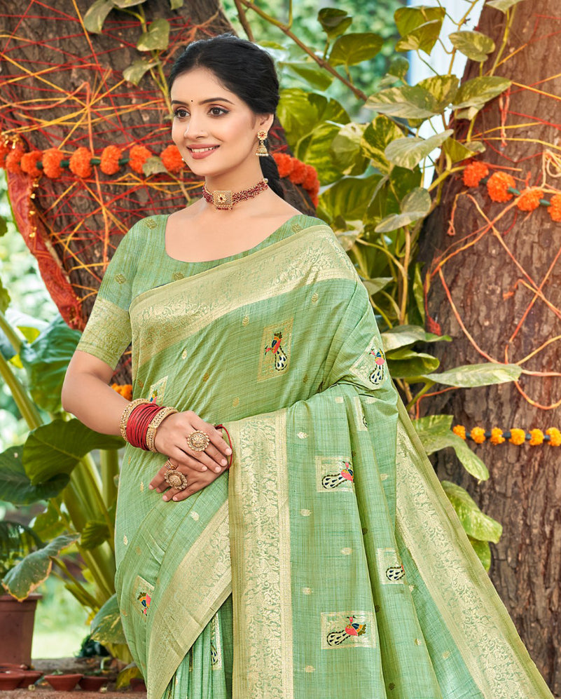 Sangam Prints Sea Green Heavy Assam Silk Saree With Meena Woven Work Traditional Saree | Grocsy