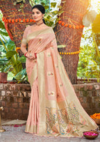 Sangam Prints Lite Pink Heavy Assam Silk Saree With Meena Woven Work Traditional Saree | Grocsy