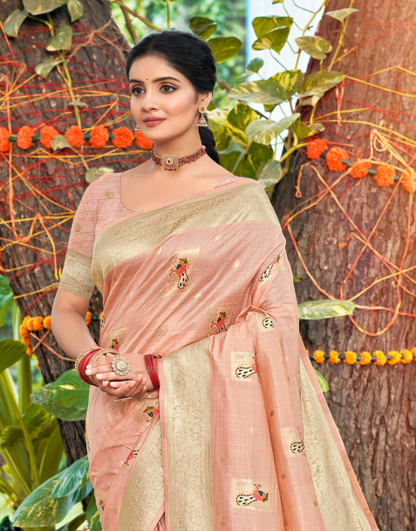 Sangam Prints Lite Pink Heavy Assam Silk Saree With Meena Woven Work Traditional Saree | Grocsy