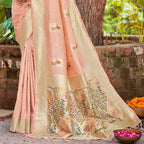 Sangam Prints Lite Pink Heavy Assam Silk Saree With Meena Woven Work Traditional Saree | Grocsy
