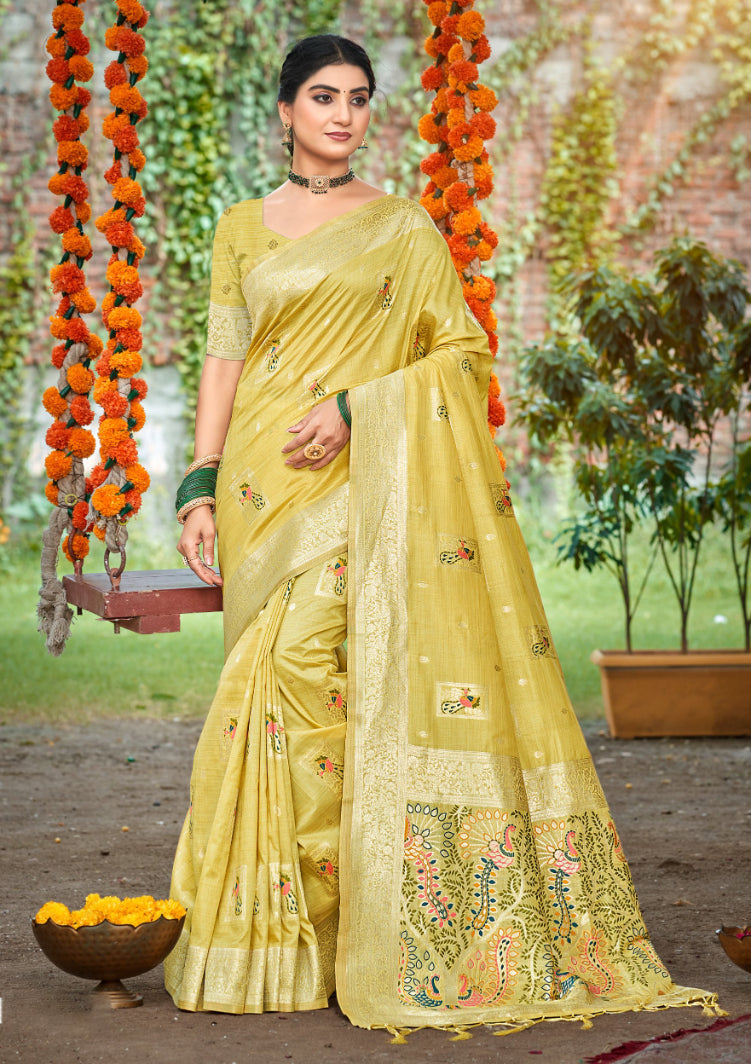 Sangam Prints Yellow Heavy Assam Silk Saree With Meena Woven Work Traditional Saree | Grocsy