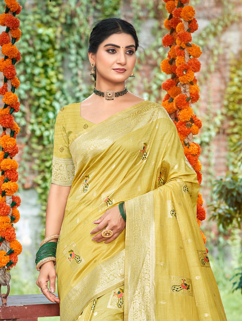Sangam Prints Yellow Heavy Assam Silk Saree With Meena Woven Work Traditional Saree | Grocsy