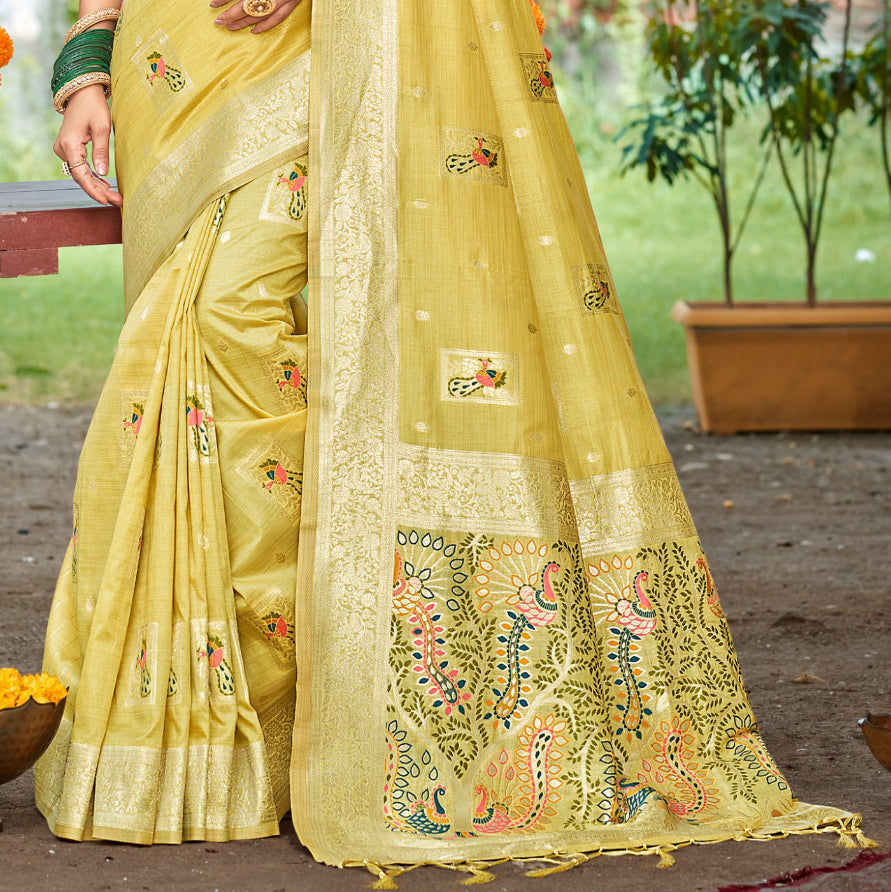 Sangam Prints Yellow Heavy Assam Silk Saree With Meena Woven Work Traditional Saree | Grocsy
