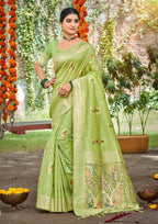Sangam Prints Green Heavy Assam Silk Saree With Meena Woven Work Traditional Saree | Grocsy