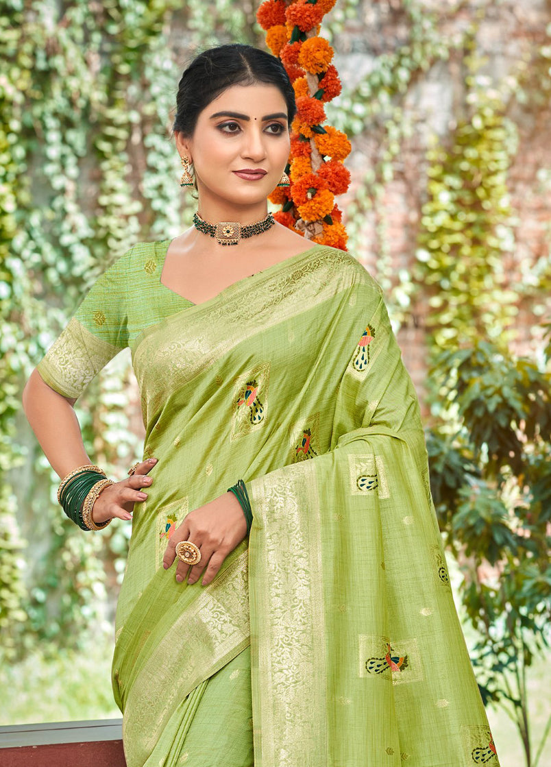 Sangam Prints Green Heavy Assam Silk Saree With Meena Woven Work Traditional Saree | Grocsy