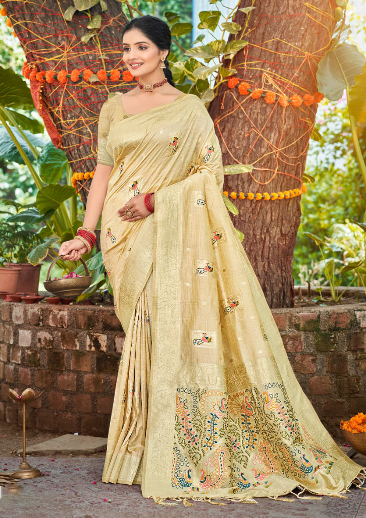 Sangam Prints Cream Heavy Assam Silk Saree With Meena Woven Work Traditional Saree | Grocsy