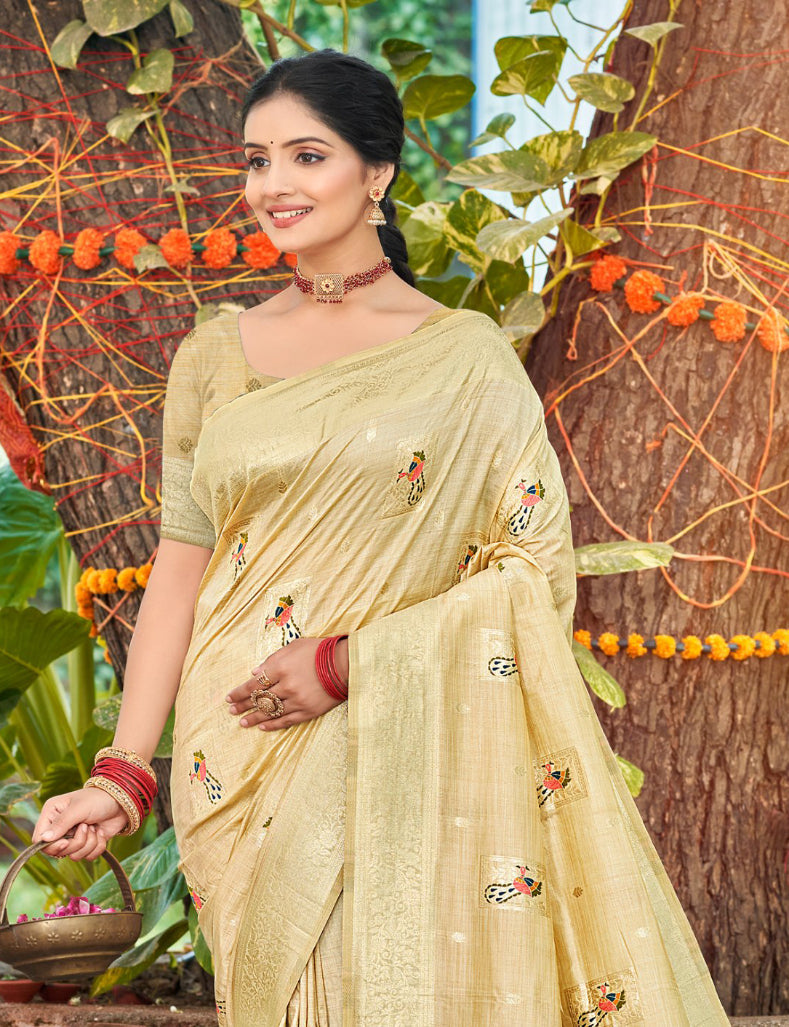 Sangam Prints Cream Heavy Assam Silk Saree With Meena Woven Work Traditional Saree | Grocsy