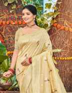 Sangam Prints Cream Heavy Assam Silk Saree With Meena Woven Work Traditional Saree | Grocsy