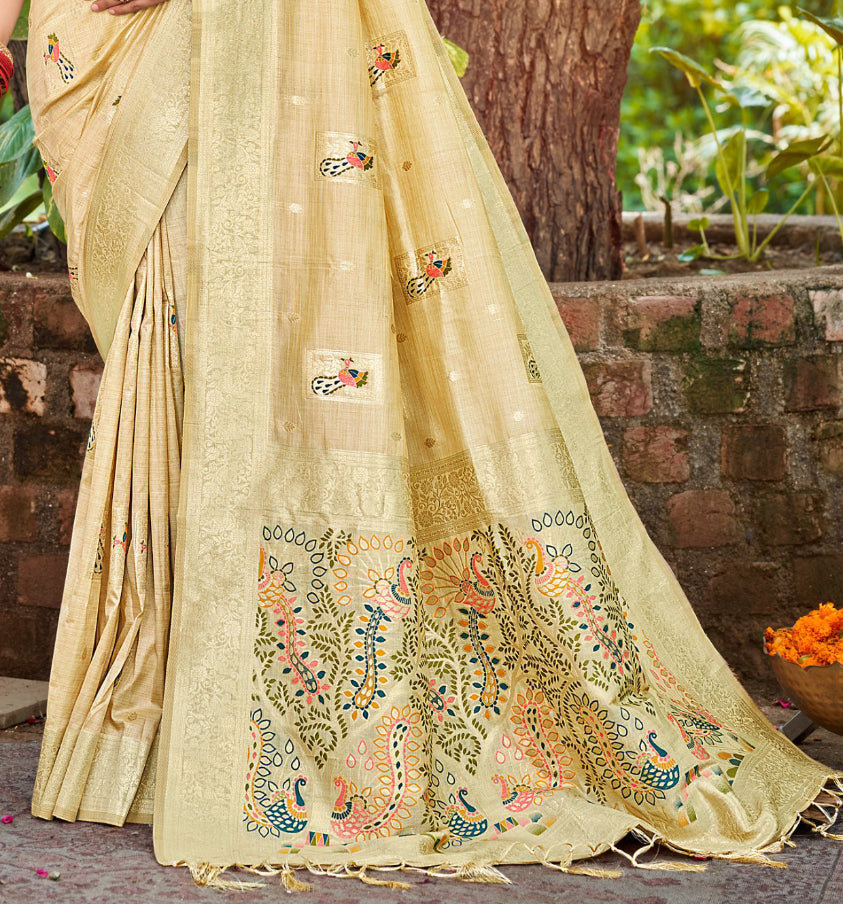 Sangam Prints Cream Heavy Assam Silk Saree With Meena Woven Work Traditional Saree | Grocsy