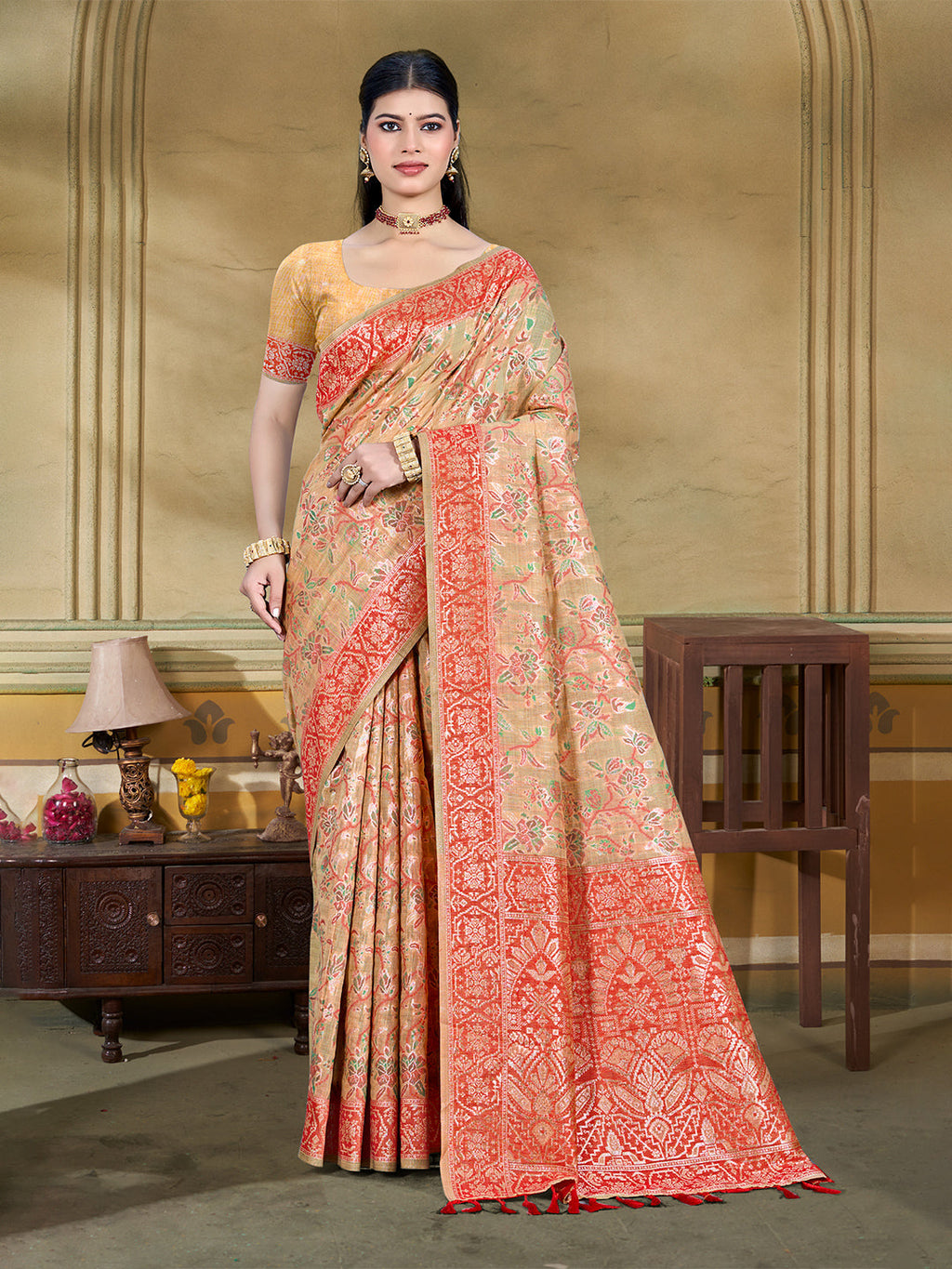 Sangam Prints Beige Cotton Silk With Meena Woven Work Traditional Saree | Grocsy