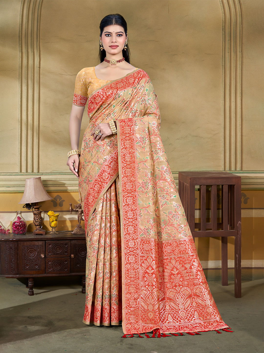 Sangam Prints Beige Cotton Silk With Meena Woven Work Traditional Saree | Grocsy