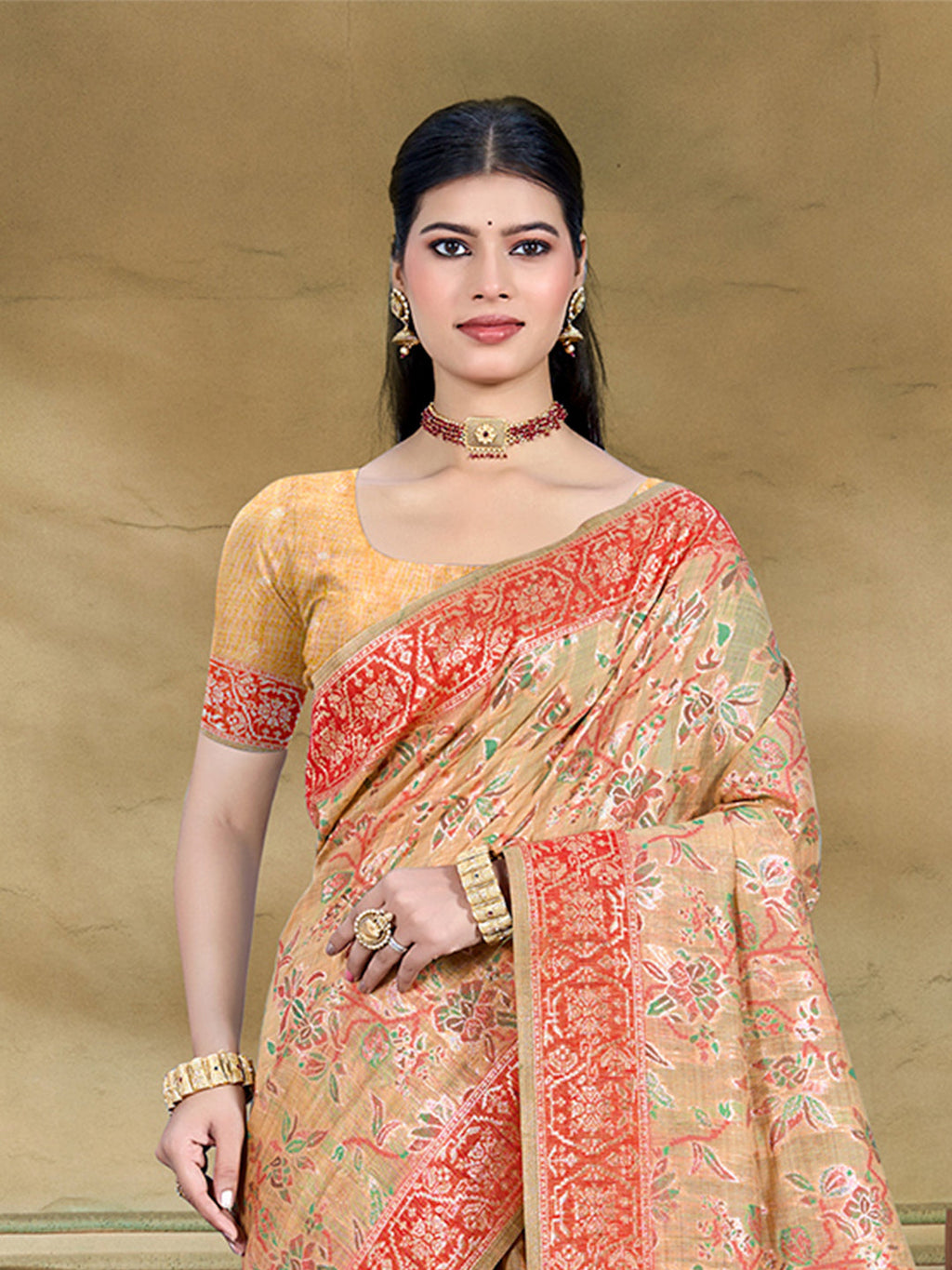 Sangam Prints Beige Cotton Silk With Meena Woven Work Traditional Saree | Grocsy