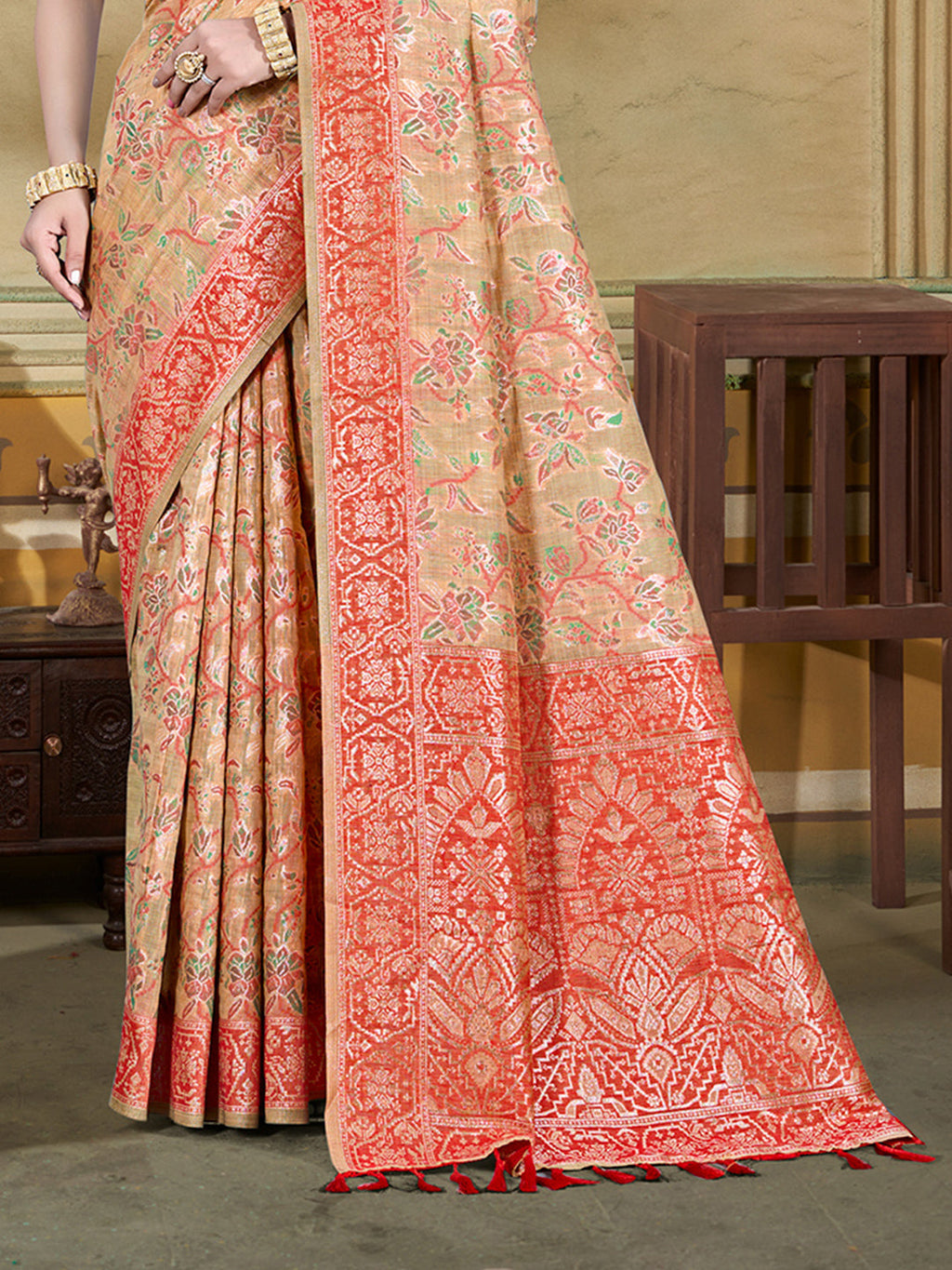 Sangam Prints Beige Cotton Silk With Meena Woven Work Traditional Saree | Grocsy