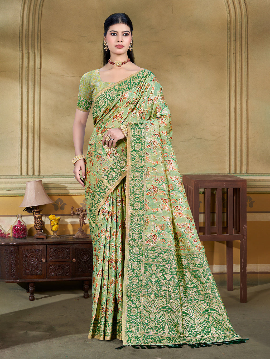 Sangam Prints Light Green  Cotton Silk With Meena Woven Work Traditional Saree | Grocsy
