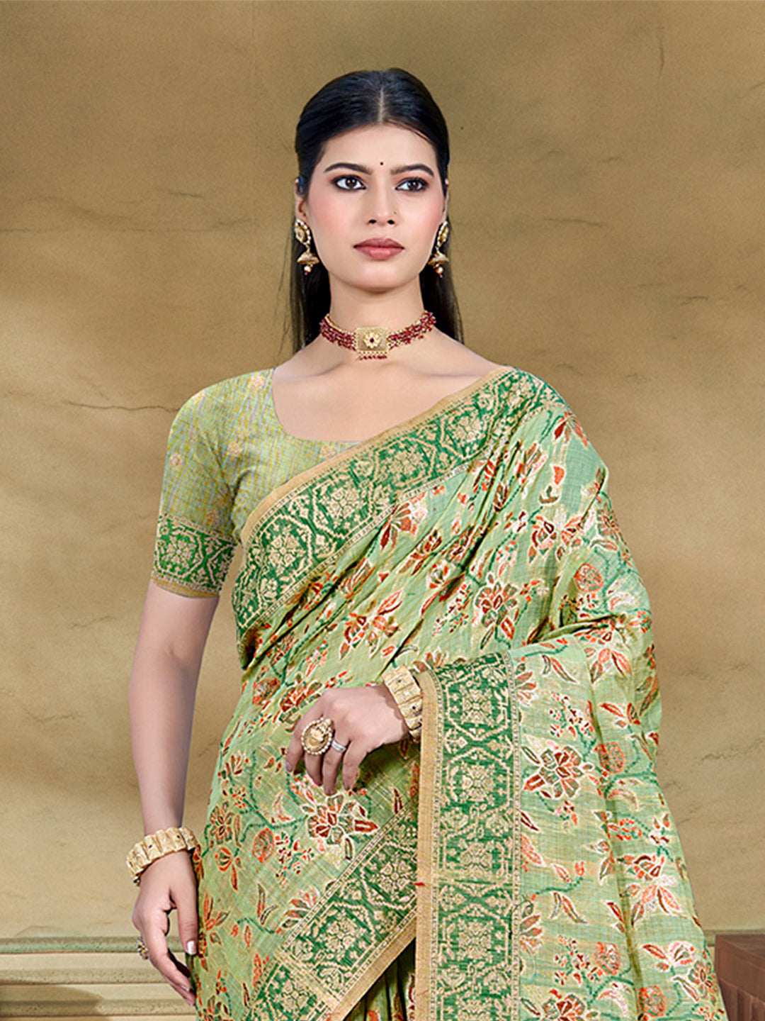Sangam Prints Light Green  Cotton Silk With Meena Woven Work Traditional Saree | Grocsy