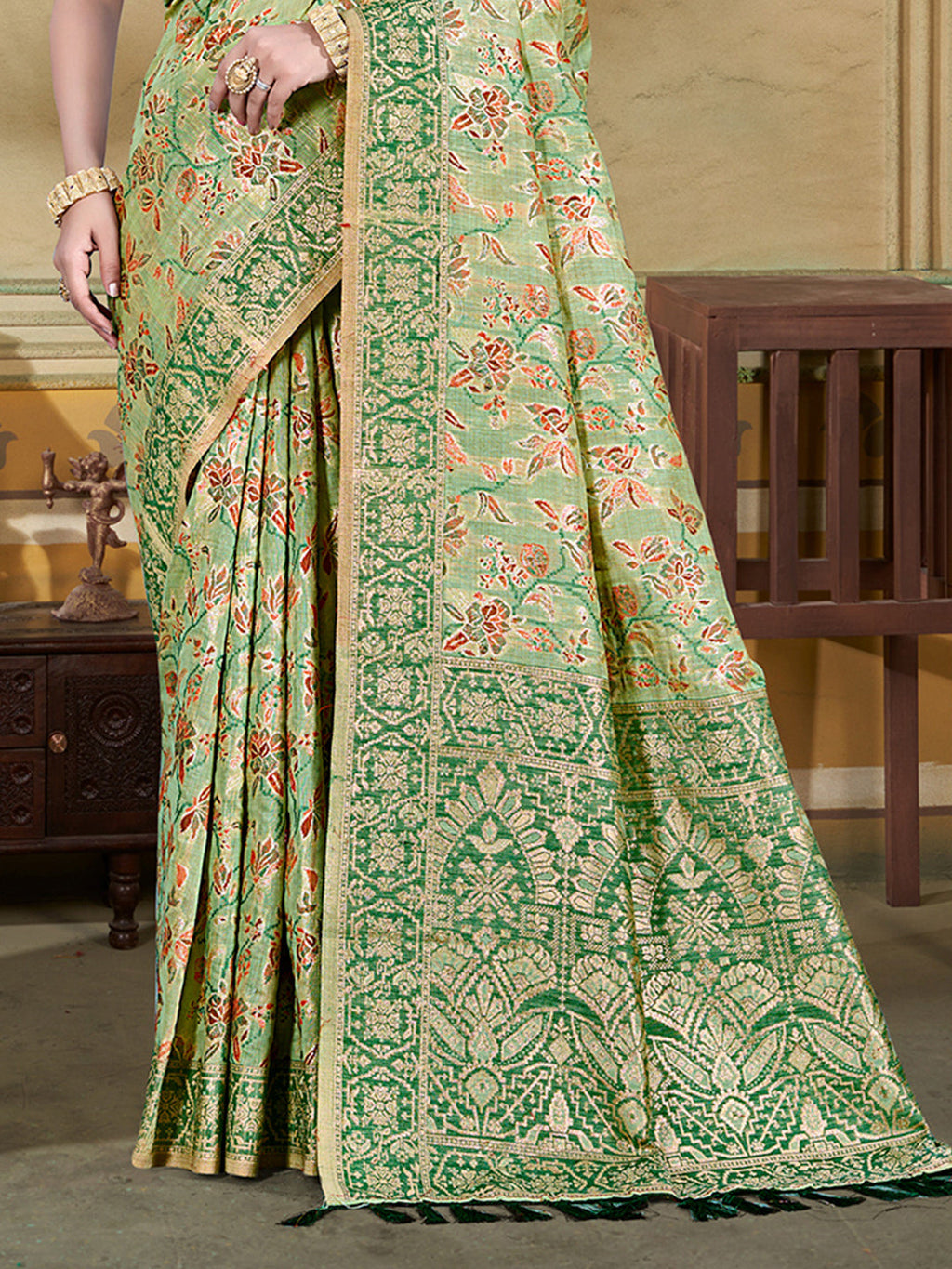 Sangam Prints Light Green  Cotton Silk With Meena Woven Work Traditional Saree | Grocsy