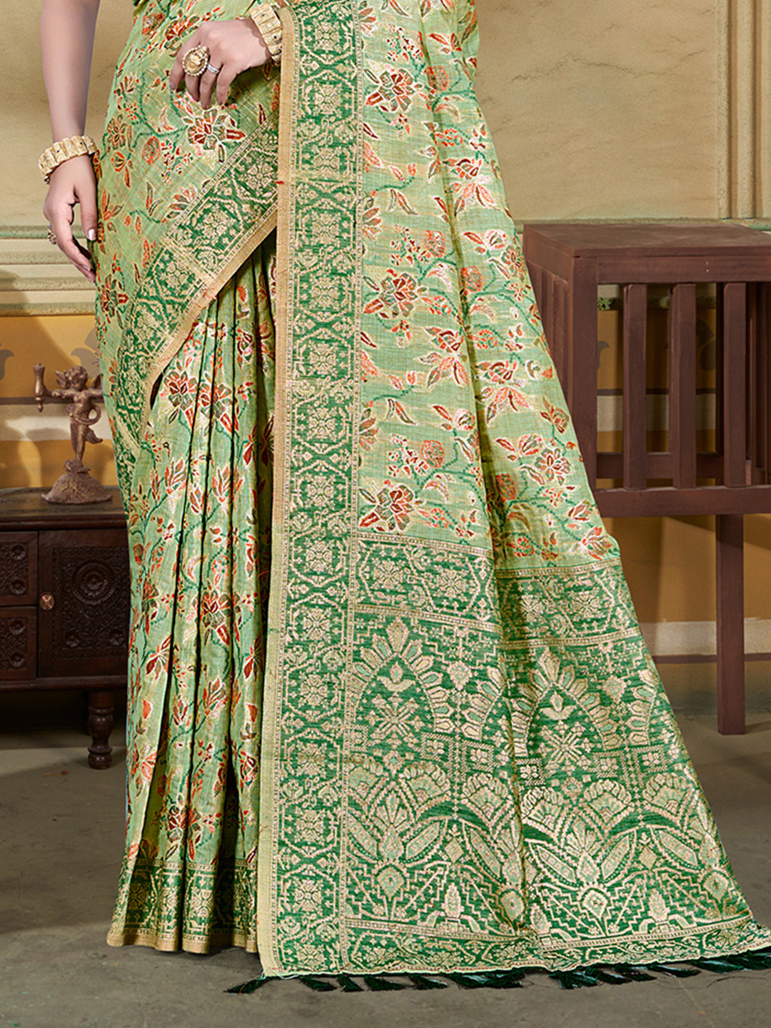 Sangam Prints Light Green  Cotton Silk With Meena Woven Work Traditional Saree | Grocsy