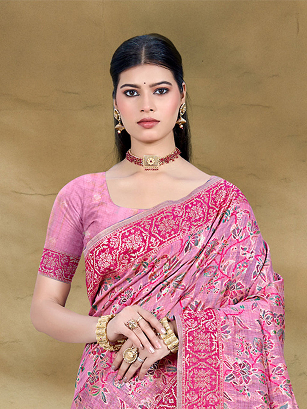 Sangam Prints Pink Cotton Silk With Meena Woven Work Traditional Saree | Grocsy