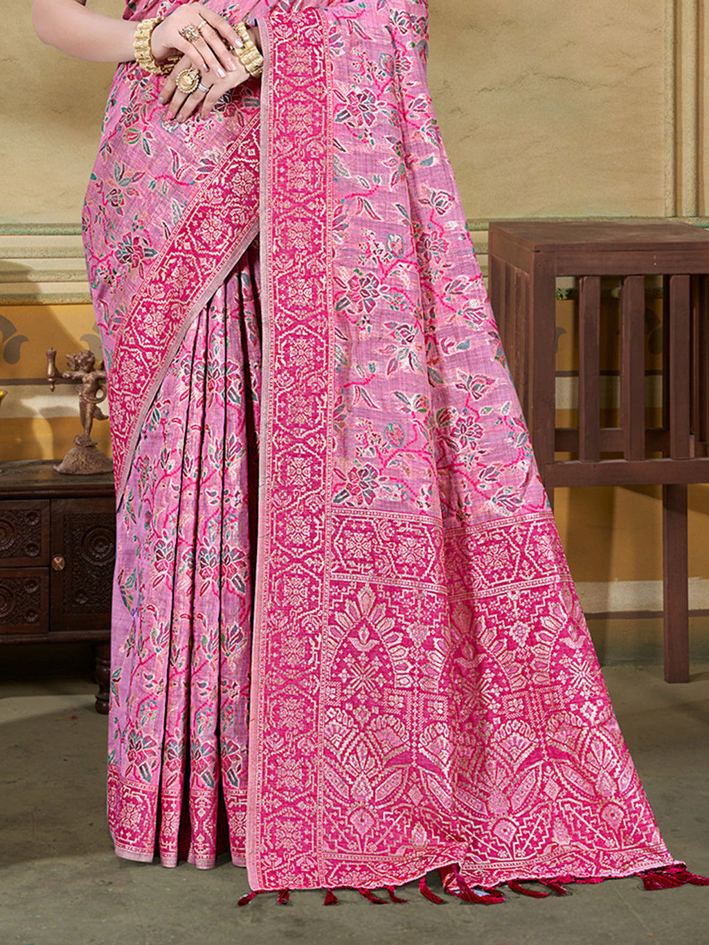 Sangam Prints Pink Cotton Silk With Meena Woven Work Traditional Saree | Grocsy