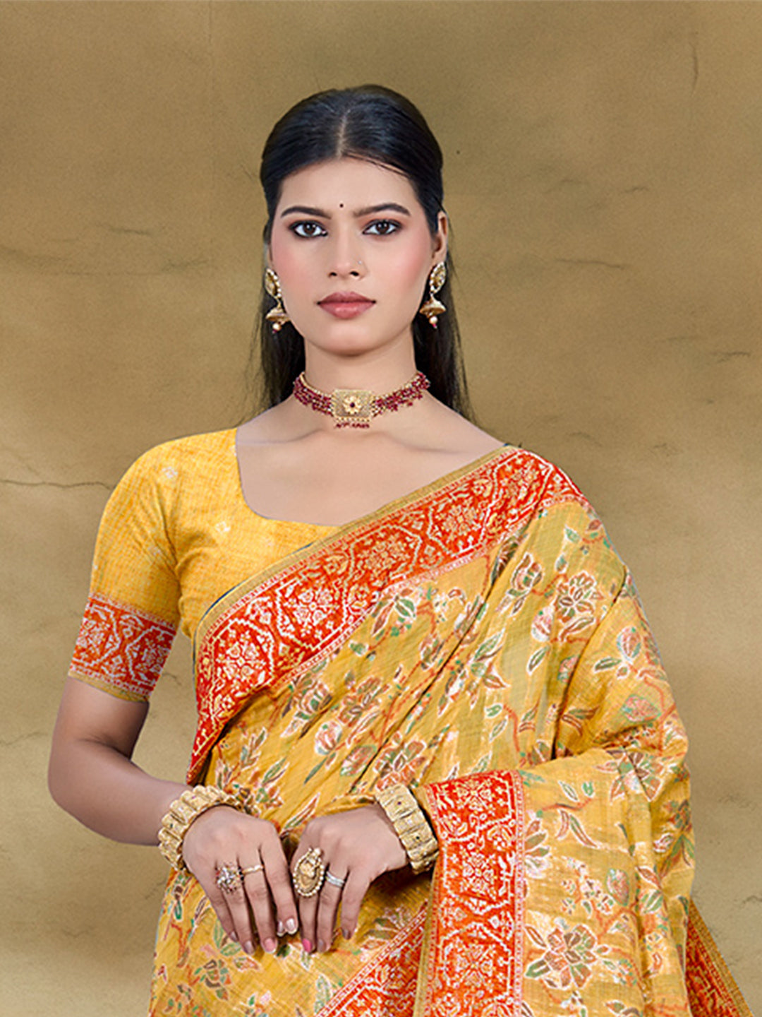 Sangam Prints Mustard Cotton Silk With Meena Woven Work Traditional Saree | Grocsy