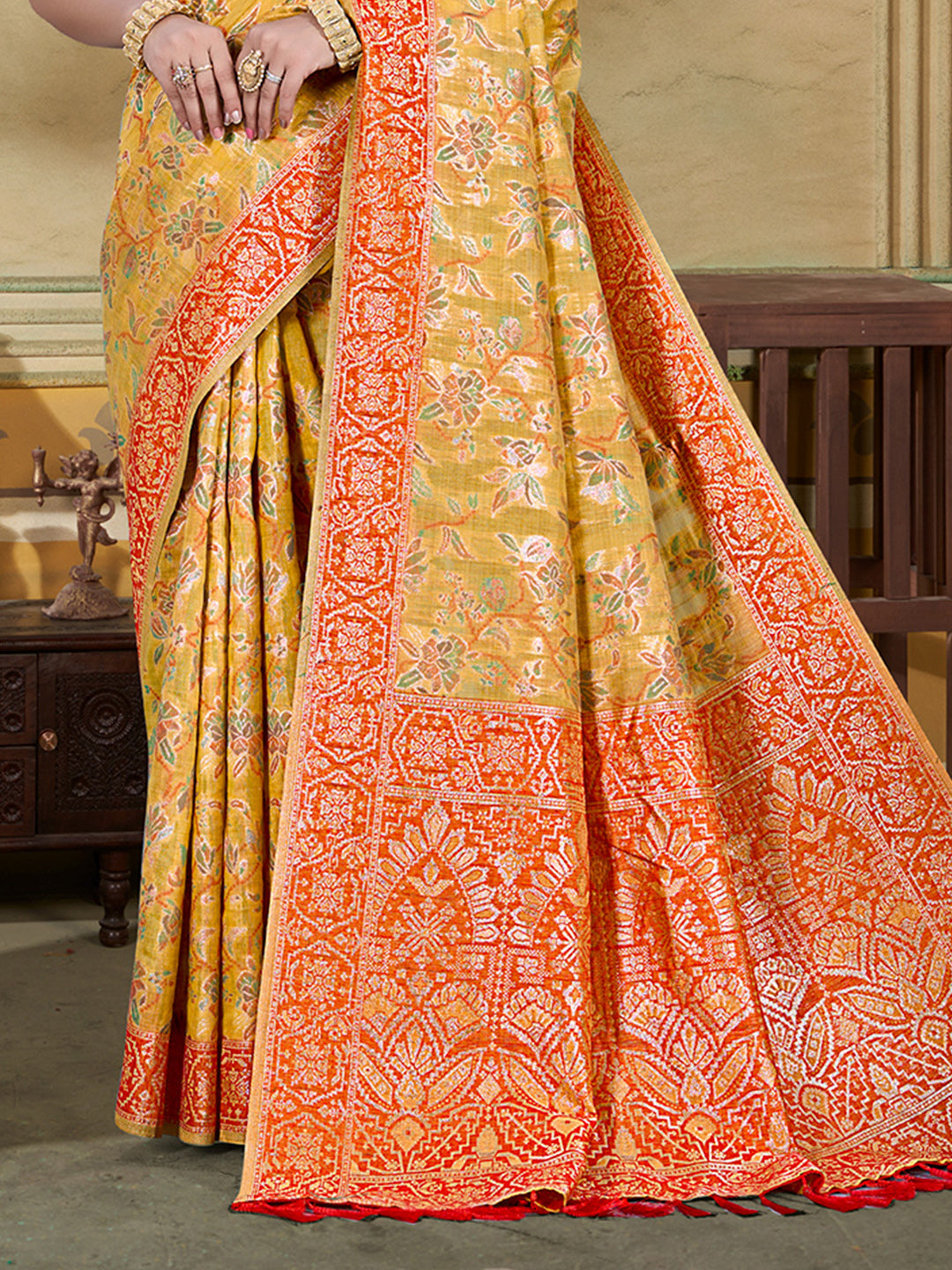 Sangam Prints Mustard Cotton Silk With Meena Woven Work Traditional Saree | Grocsy