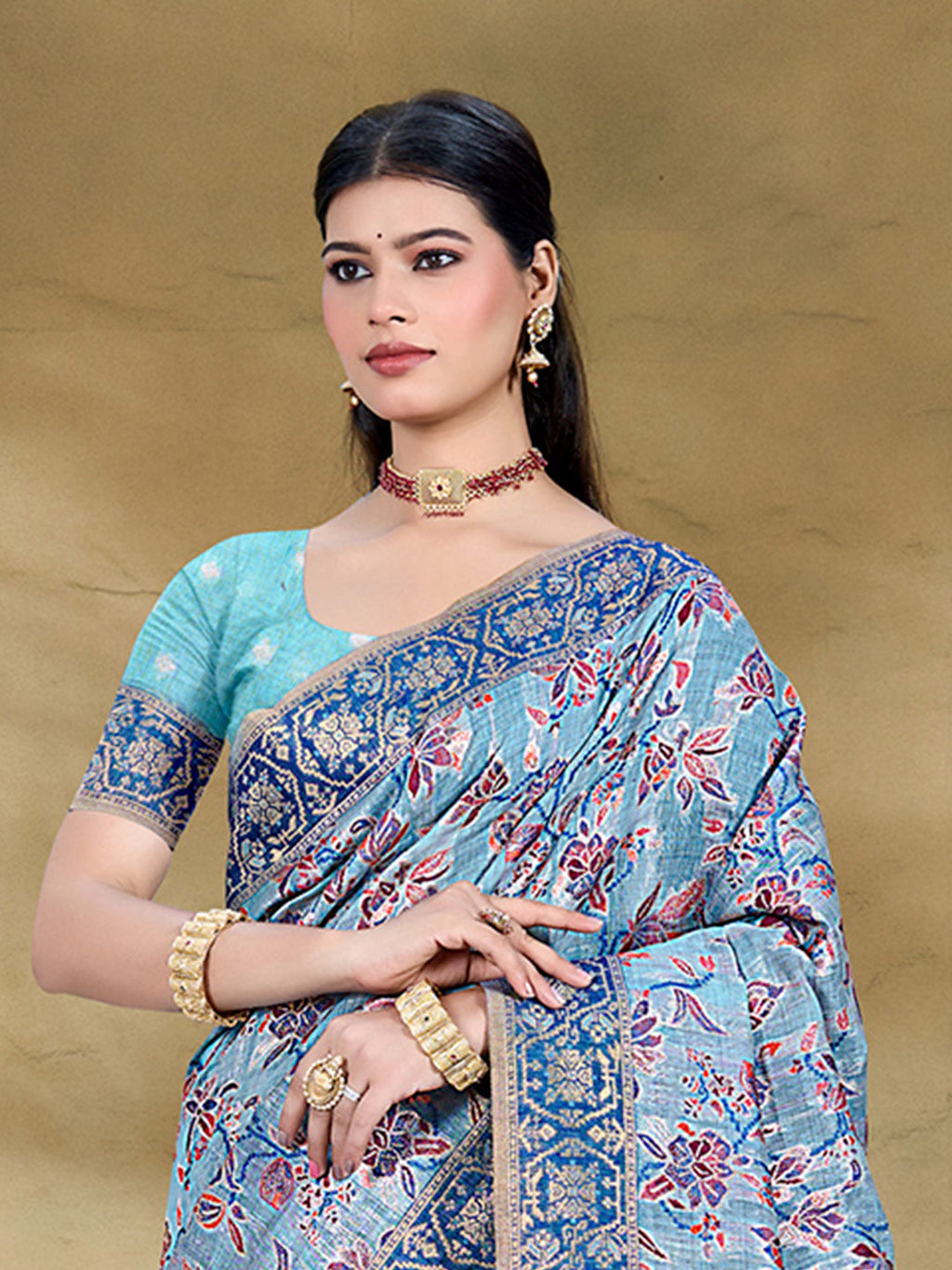 Sangam Prints Light Blue Cotton Silk With Meena Woven Work Traditional Saree | Grocsy