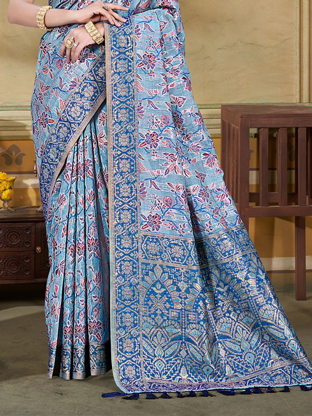 Sangam Prints Light Blue Cotton Silk With Meena Woven Work Traditional Saree | Grocsy