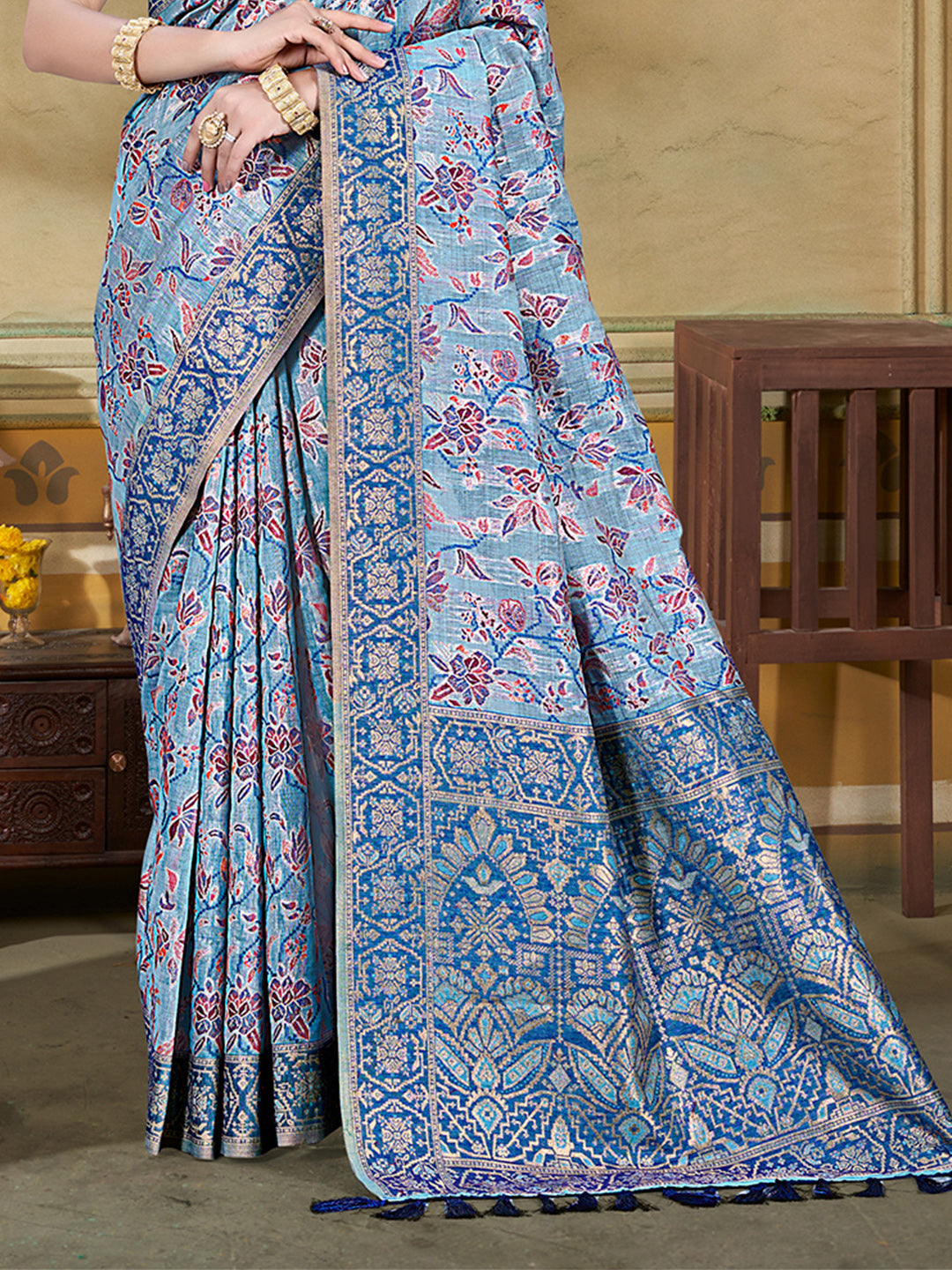 Sangam Prints Light Blue Cotton Silk With Meena Woven Work Traditional Saree | Grocsy