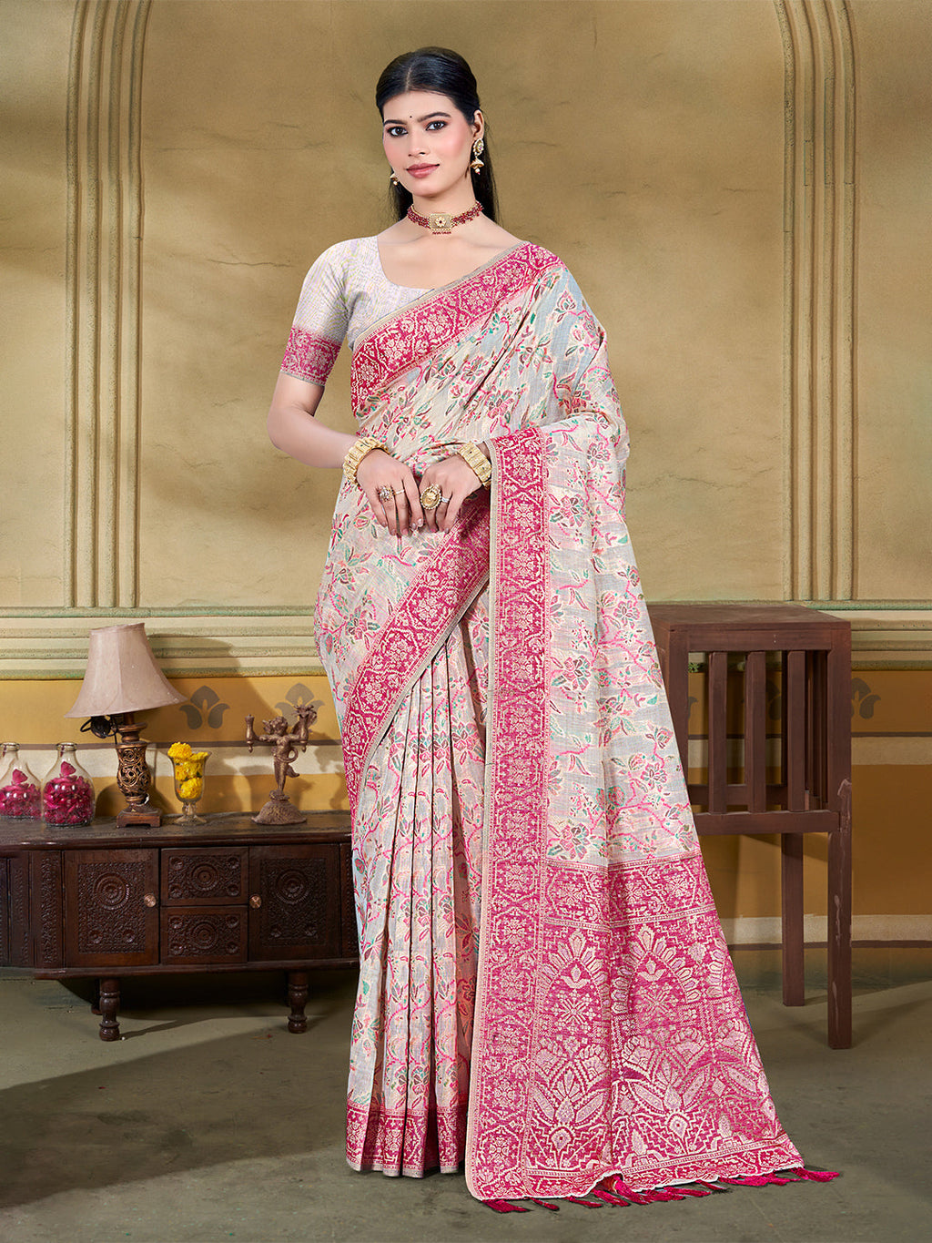 Sangam Prints Cream Cotton Silk With Meena Woven Work Traditional Saree | Grocsy