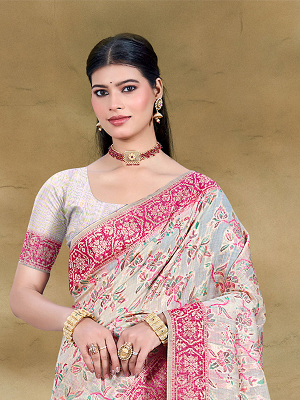 Sangam Prints Cream Cotton Silk With Meena Woven Work Traditional Saree | Grocsy