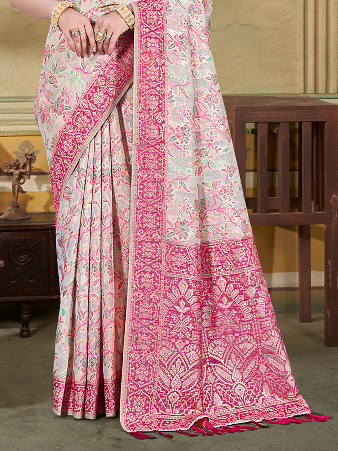 Sangam Prints Cream Cotton Silk With Meena Woven Work Traditional Saree | Grocsy