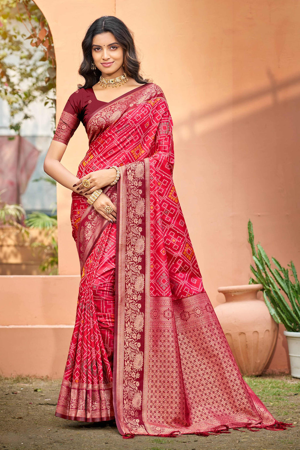 Sangam Prints Bright Red Soft Silk Woven Work Traditional Saree | Grocsy