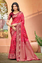 Sangam Prints Bright Red Soft Silk Woven Work Traditional Saree | Grocsy