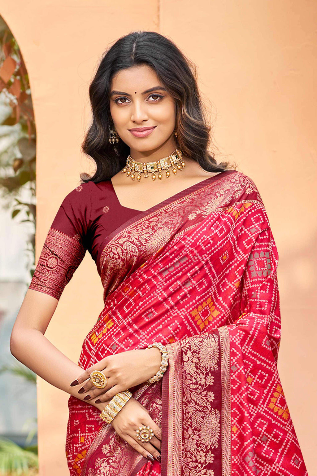 Sangam Prints Bright Red Soft Silk Woven Work Traditional Saree | Grocsy