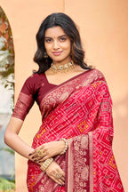 Sangam Prints Bright Red Soft Silk Woven Work Traditional Saree | Grocsy
