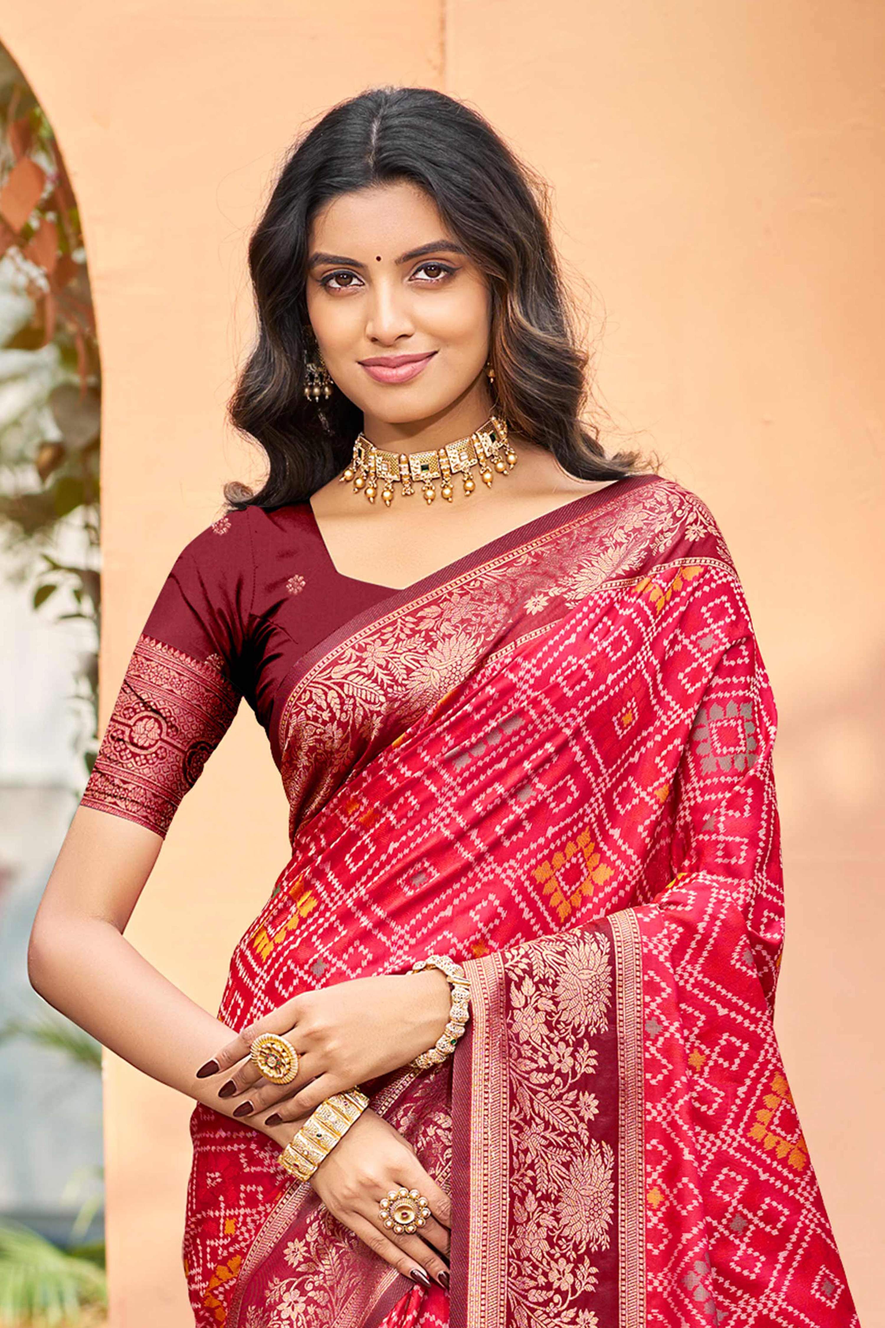 Sangam Prints Bright Red Soft Silk Woven Work Traditional Saree | Grocsy