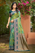Sangam Prints Parrot Green Soft Silk Woven Work Traditional Saree | Grocsy