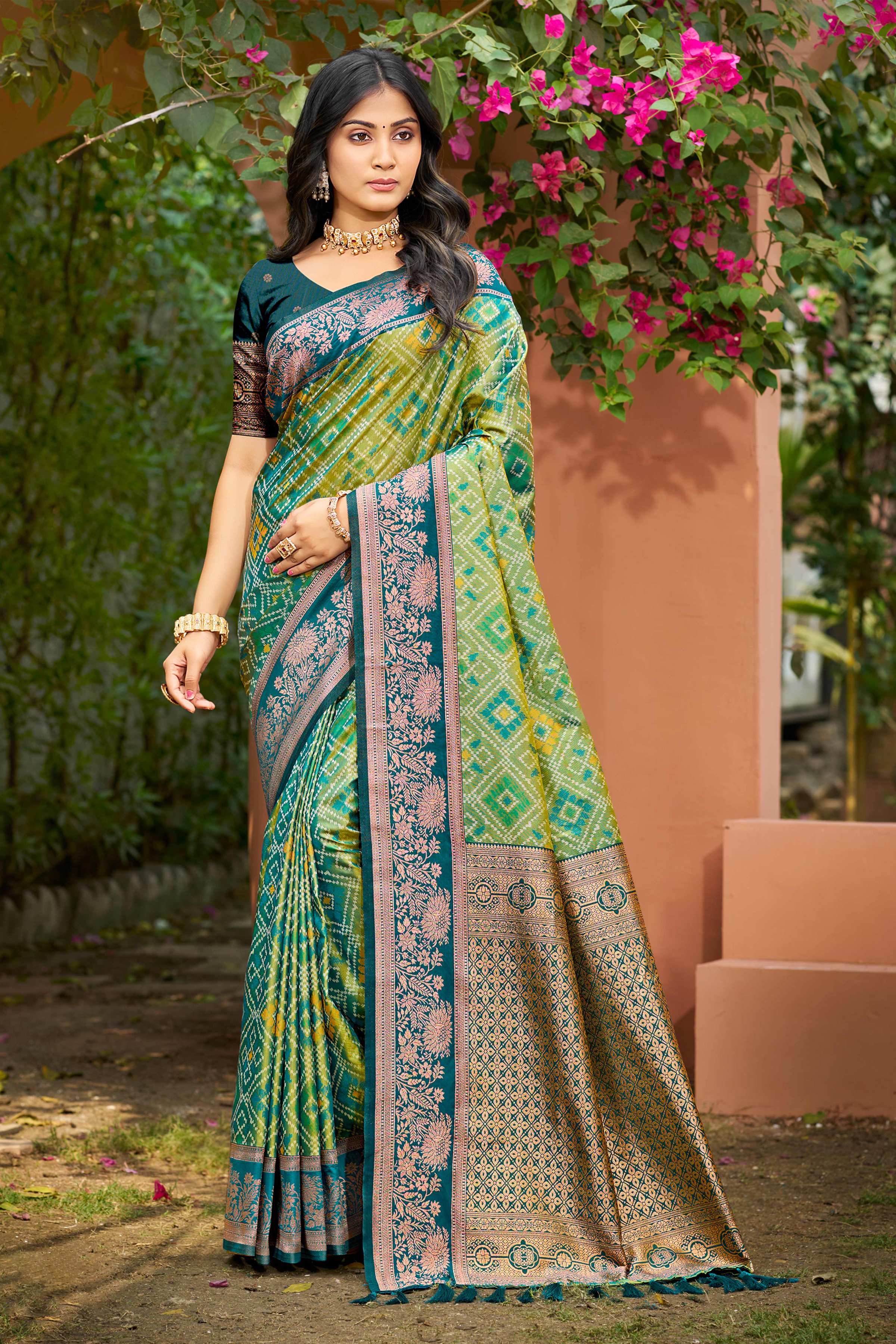 Sangam Prints Parrot Green Soft Silk Woven Work Traditional Saree | Grocsy