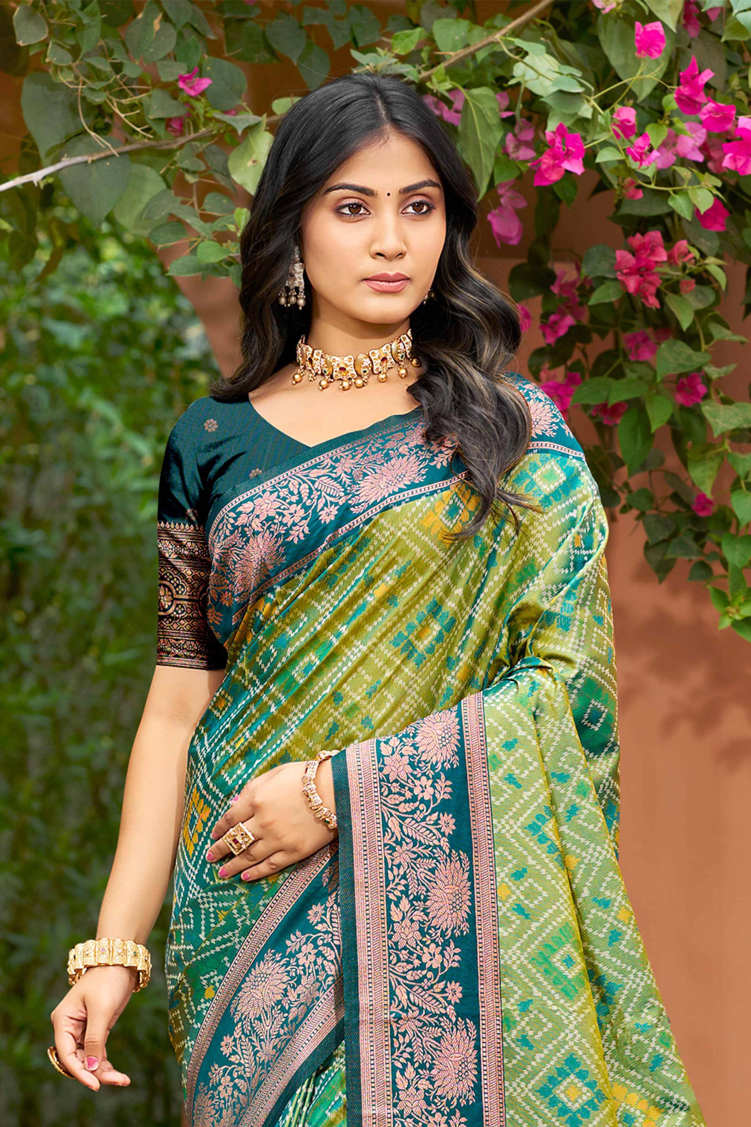 Sangam Prints Parrot Green Soft Silk Woven Work Traditional Saree | Grocsy