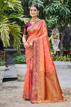 Sangam Prints Peach Orange Soft Silk Woven Work Traditional Saree | Grocsy