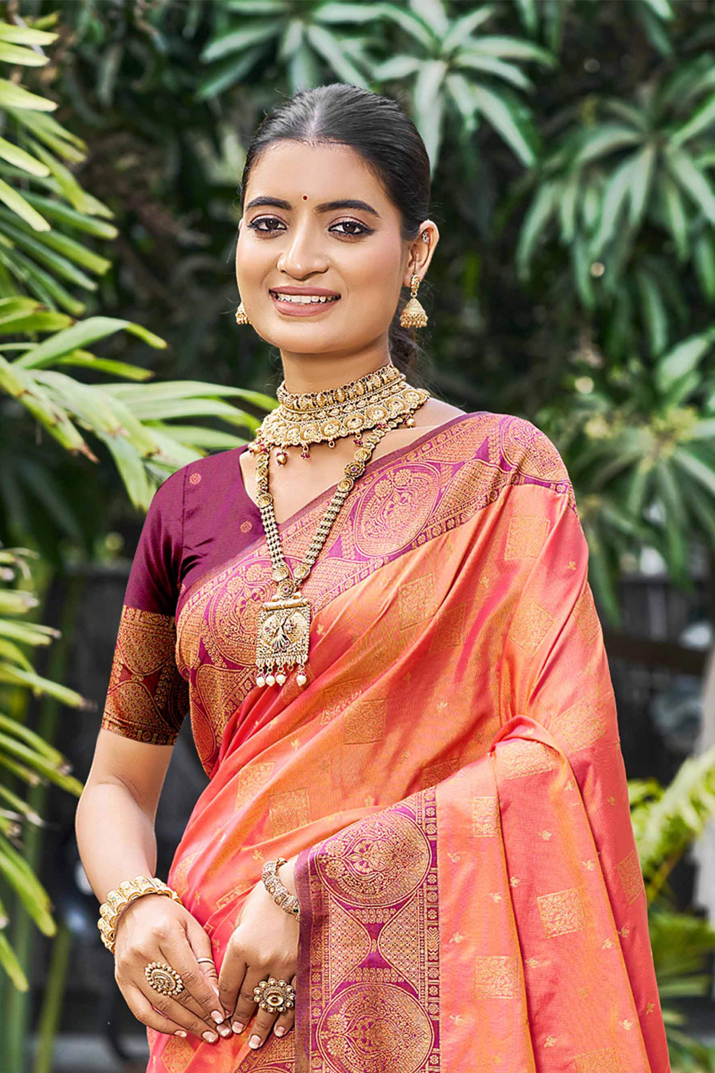 Sangam Prints Peach Orange Soft Silk Woven Work Traditional Saree | Grocsy