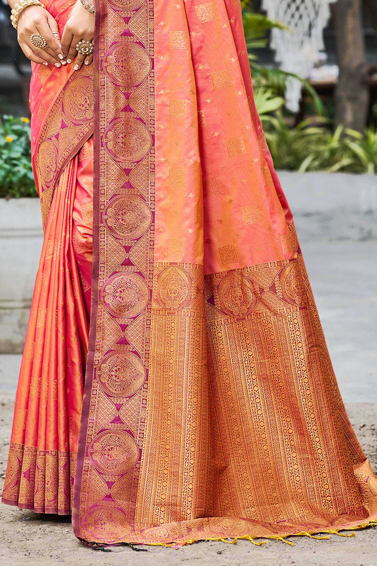 Sangam Prints Peach Orange Soft Silk Woven Work Traditional Saree | Grocsy