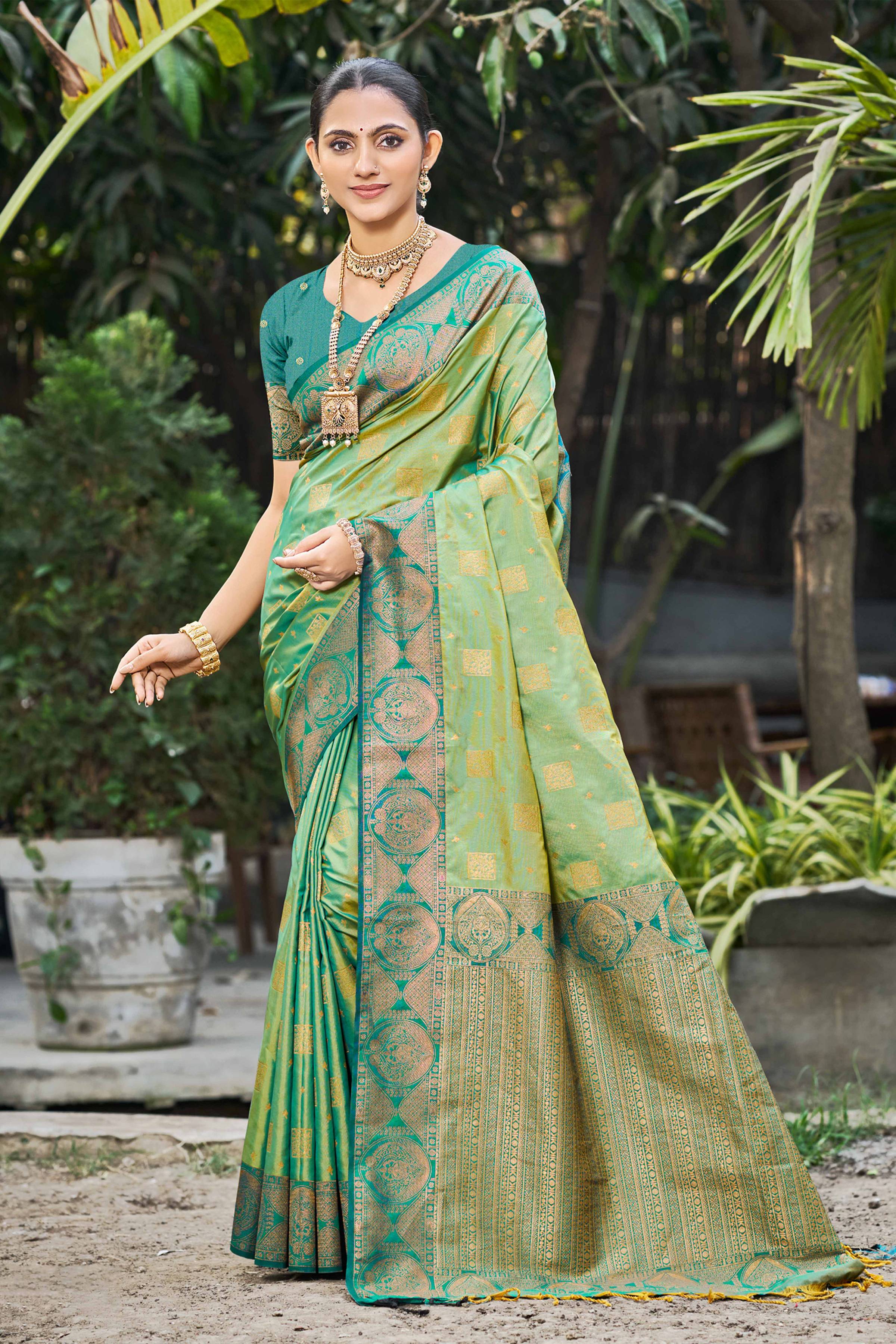 Sangam Prints Light Pista Green Soft Silk Woven Work Traditional Saree | Grocsy