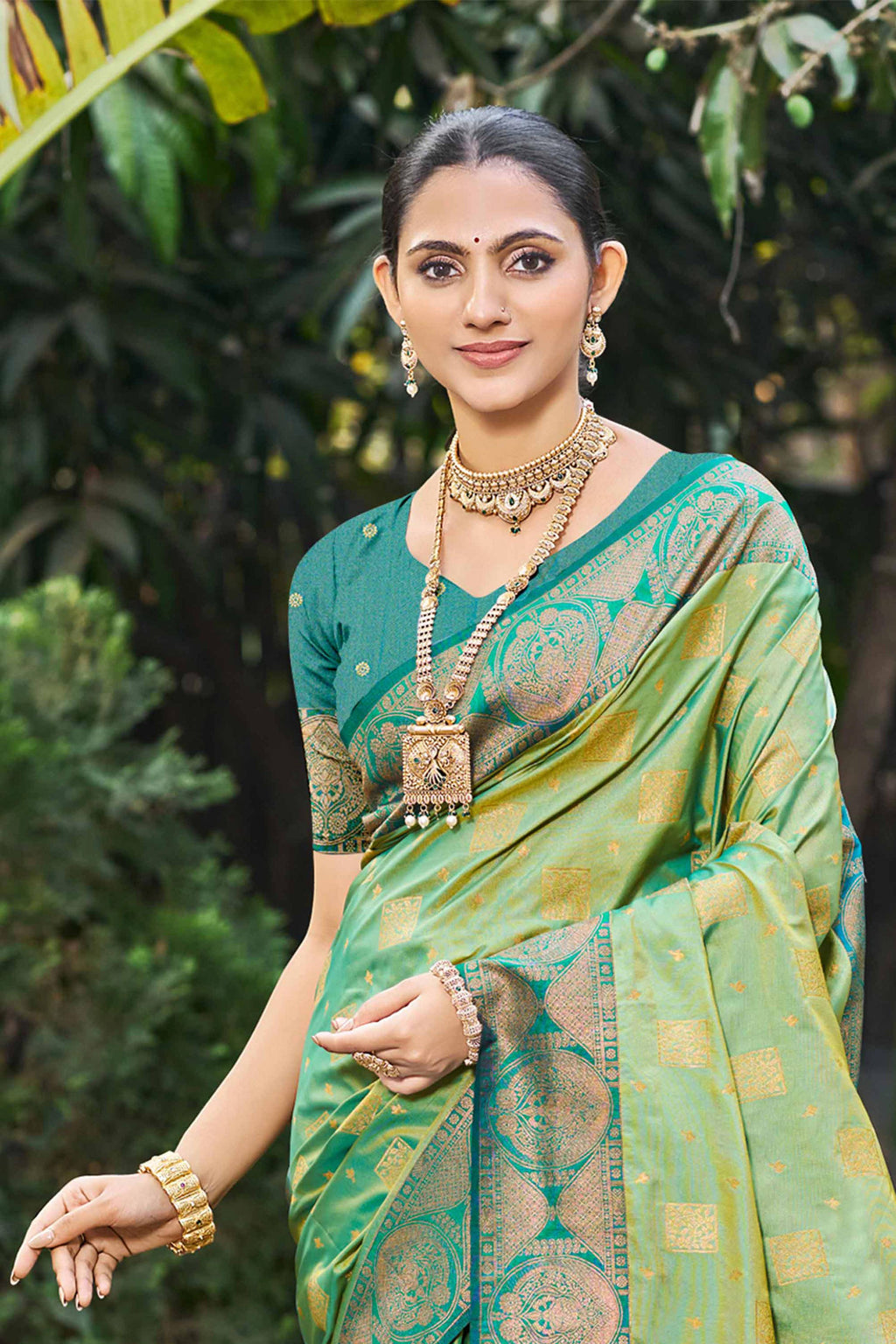 Sangam Prints Light Pista Green Soft Silk Woven Work Traditional Saree | Grocsy