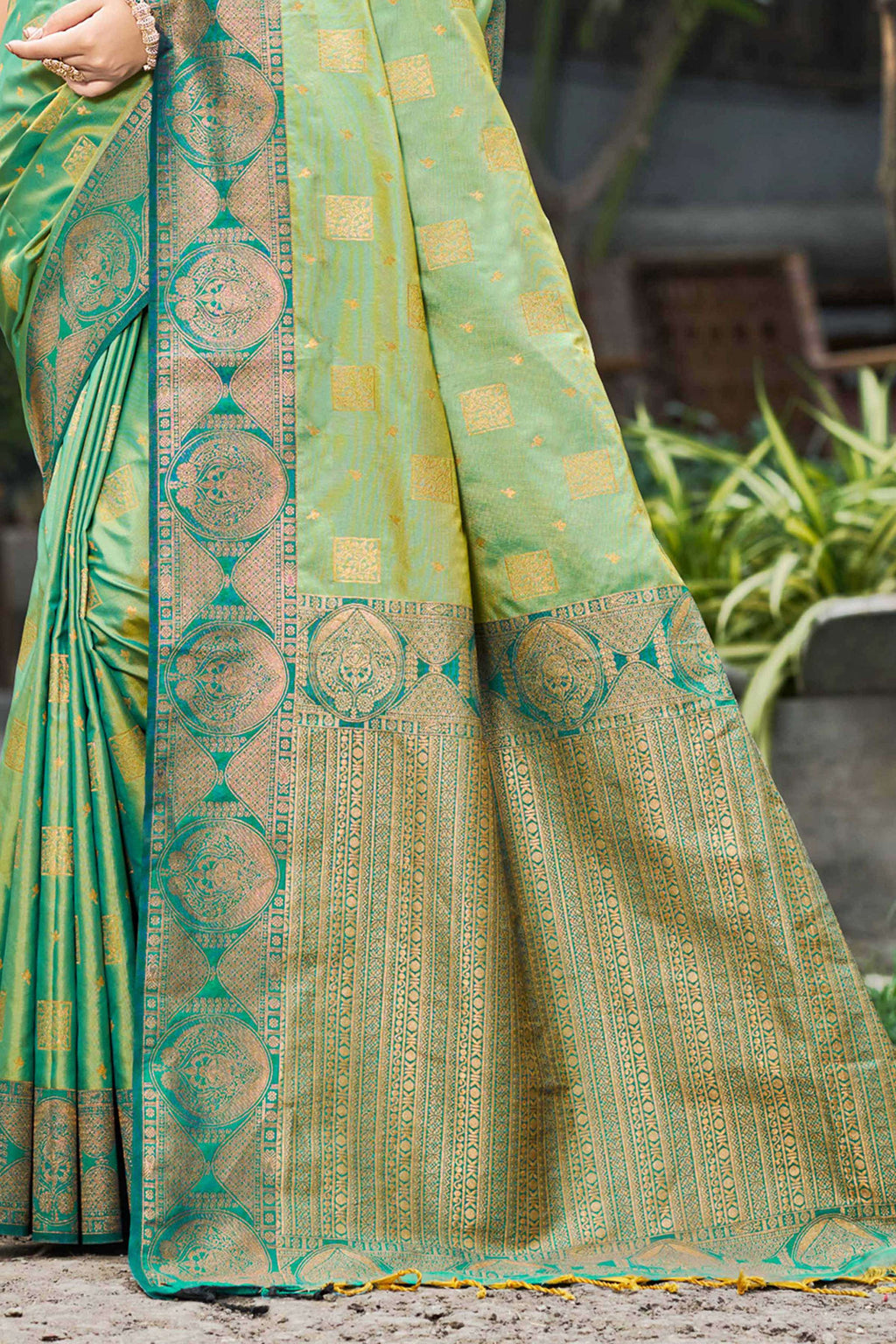 Sangam Prints Light Pista Green Soft Silk Woven Work Traditional Saree | Grocsy