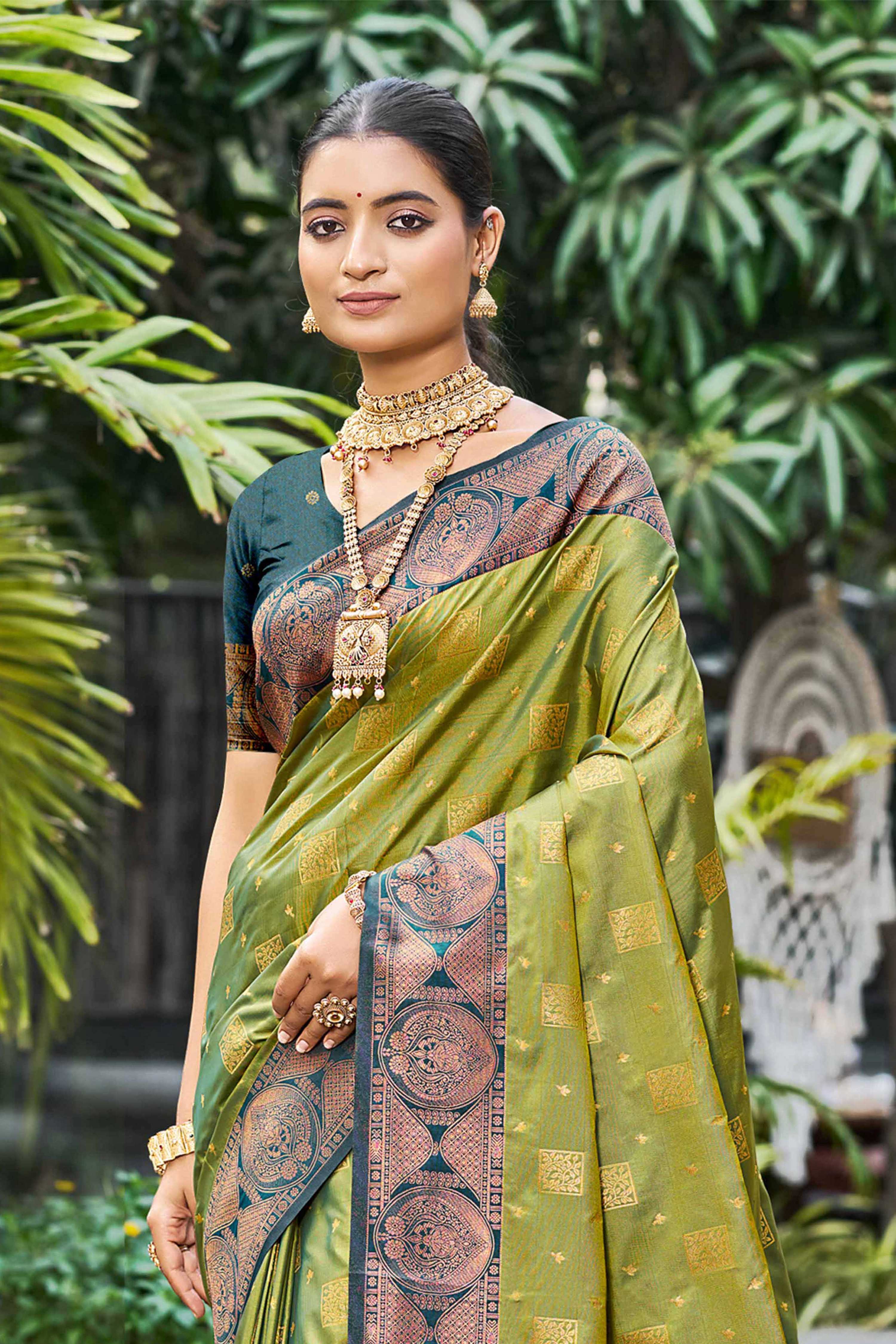 Sangam Prints Olive Green Soft Silk Woven Work Traditional Saree | Grocsy