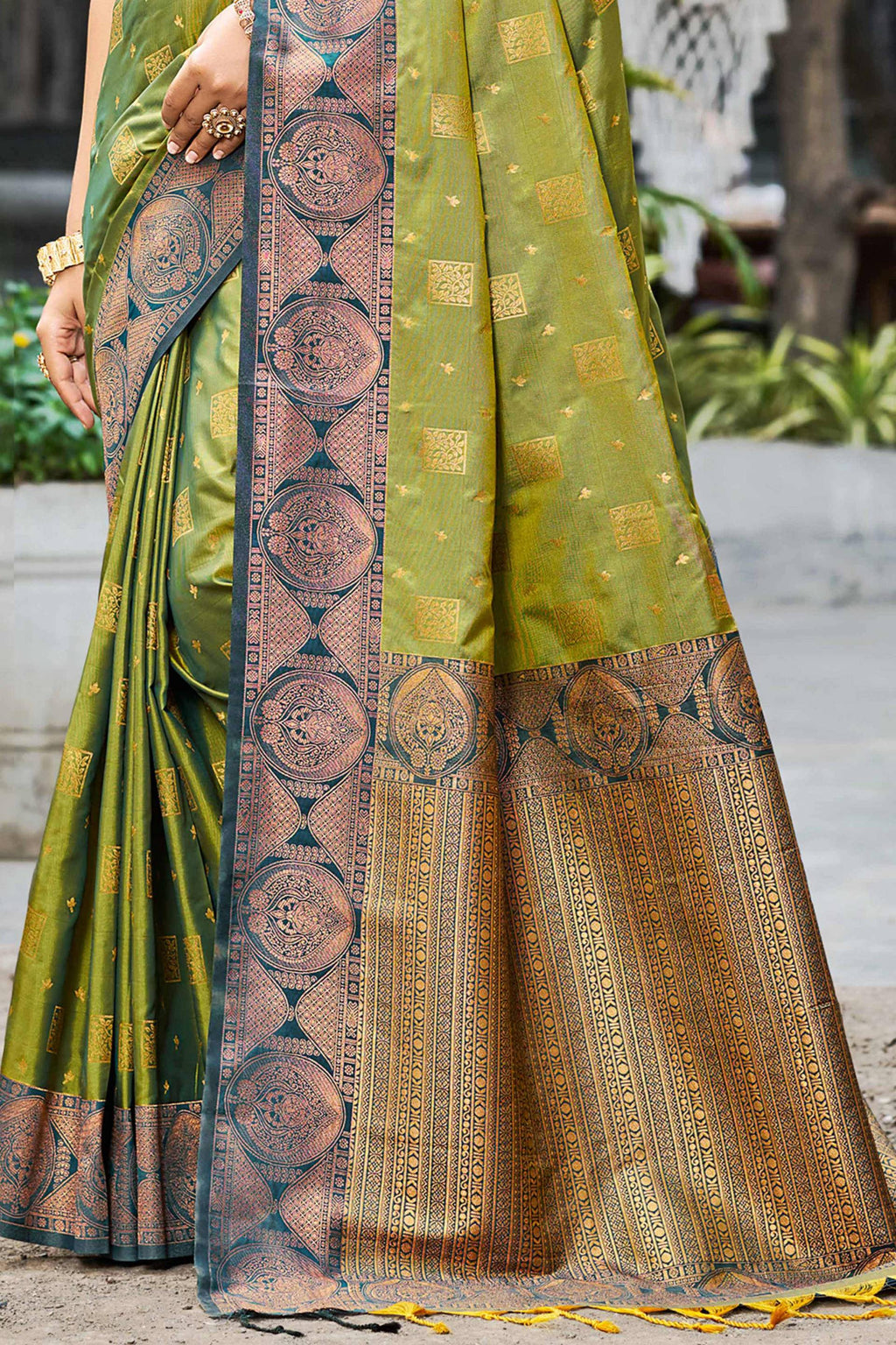 Sangam Prints Olive Green Soft Silk Woven Work Traditional Saree | Grocsy