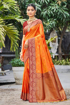 Sangam Prints Saffron Orange Soft Silk Woven Work Traditional Saree | Grocsy