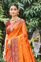 Sangam Prints Saffron Orange Soft Silk Woven Work Traditional Saree | Grocsy