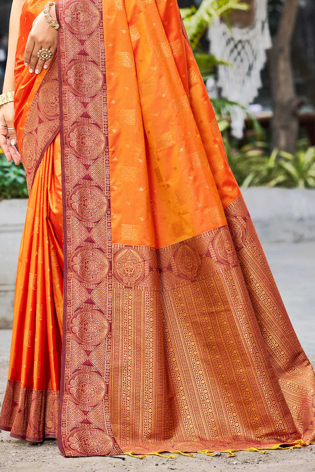 Sangam Prints Saffron Orange Soft Silk Woven Work Traditional Saree | Grocsy